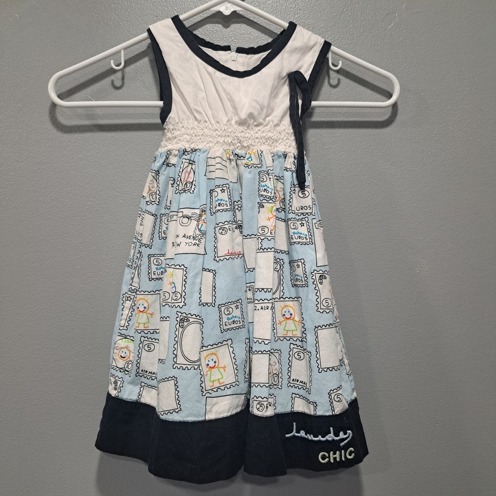Lourdes Chic Kids Girls Blue White Postage Stamp Print Smocked Dress Size‎ Y03